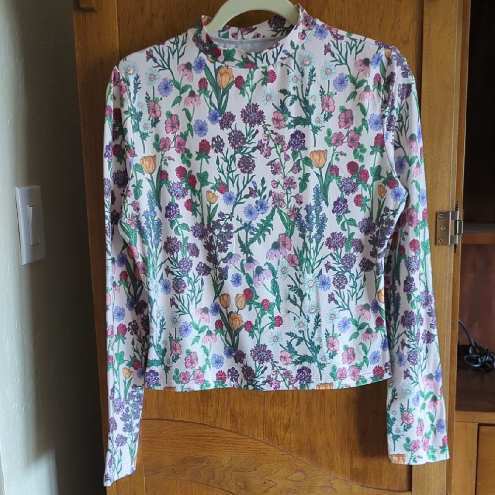 Cider Multicolor Floral Fitted Blouse with Mandarin Collar (Size L)